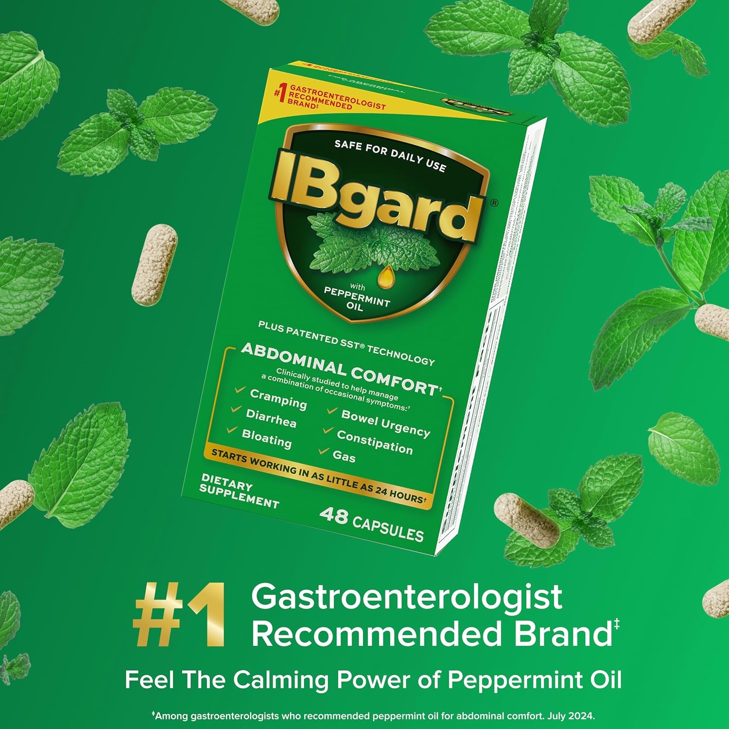 IBgard Gut Health Supplement, Peppermint Oil Capsules for Abdominal Comfort, 48 Capsules