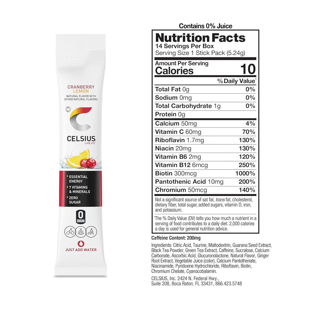 CELSIUS On The Go Cranberry Lemon, Sugar Free Energy Drink Mix (14 Sticks per Pack)