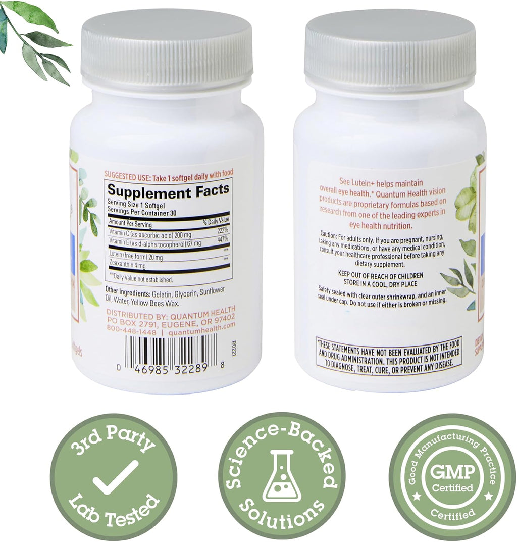 Quantum Health See Lutein+ Eye Care Supplement Helps Support Overall Eye Health As You Age - Lutein 20mg Zeaxanthin Plus Vitamins C & E Daily Nutrition for Women & Men - 30 Softgels