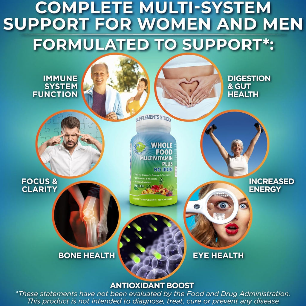 Vegan Whole Food Daily Multivitamin Without Iron, Methylated Multivitamin for Women and Men, Made with Fruits & Vegetables, B-Complex, Probiotics, Enzymes, CoQ10, Omegas, Turmeric, Non-GMO, 180 Count