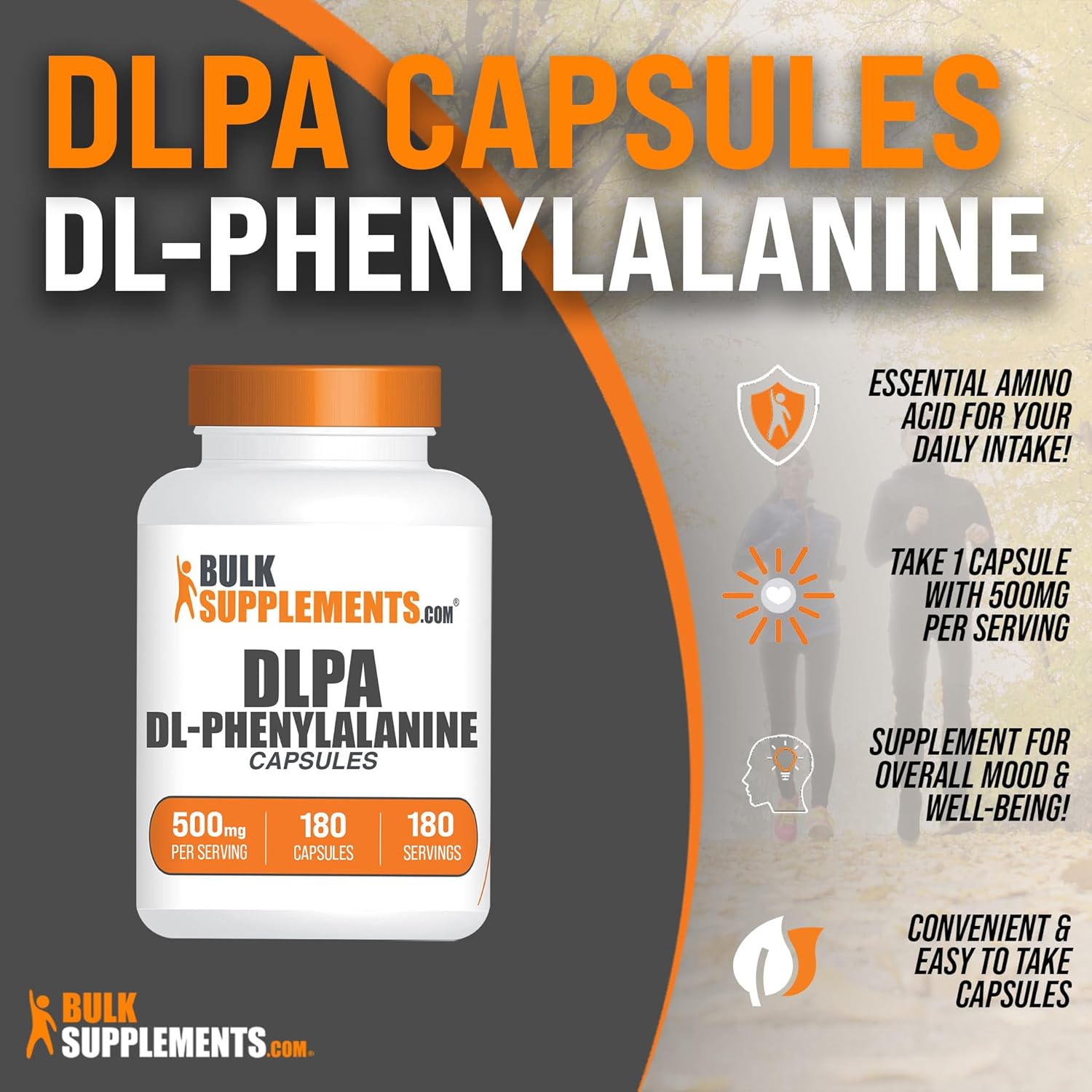 BulkSupplements.com DL-Phenylalanine Capsules - DLPA Capsules, DL-Phenylalanine 500mg - DLPA Supplements, Amino Acid Supplement - Gluten Free, 1 Capsule per Serving, 180 Capsules