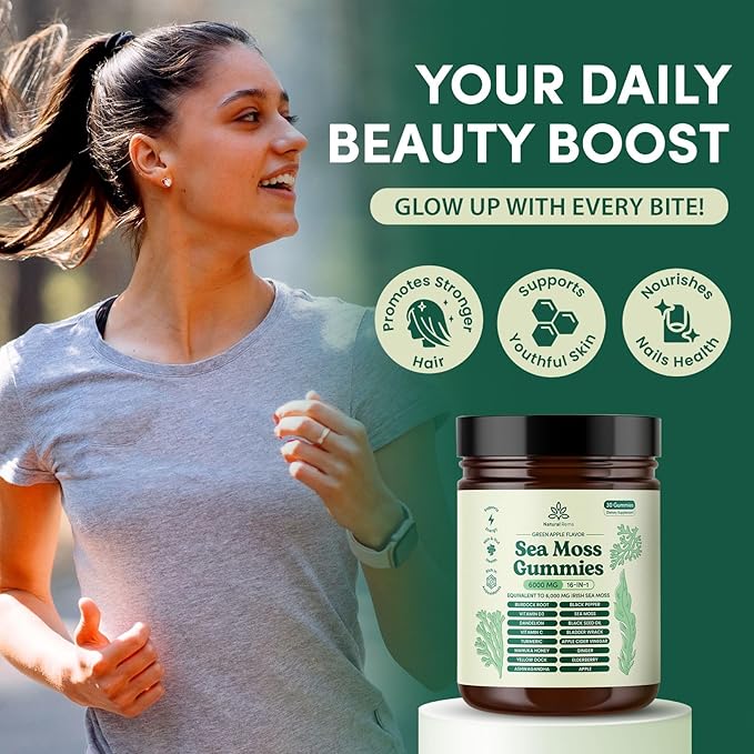 Natural Rems Sea Moss Gummies 16-in-1 - Ashwagandha Black Seed Oil Bladder Wrack Turmeric Vitamin C & D3 with Manuka Burdock Root Dandelion Yellow Dock Elderberry Apple Cider Vinegar (Green Apple)