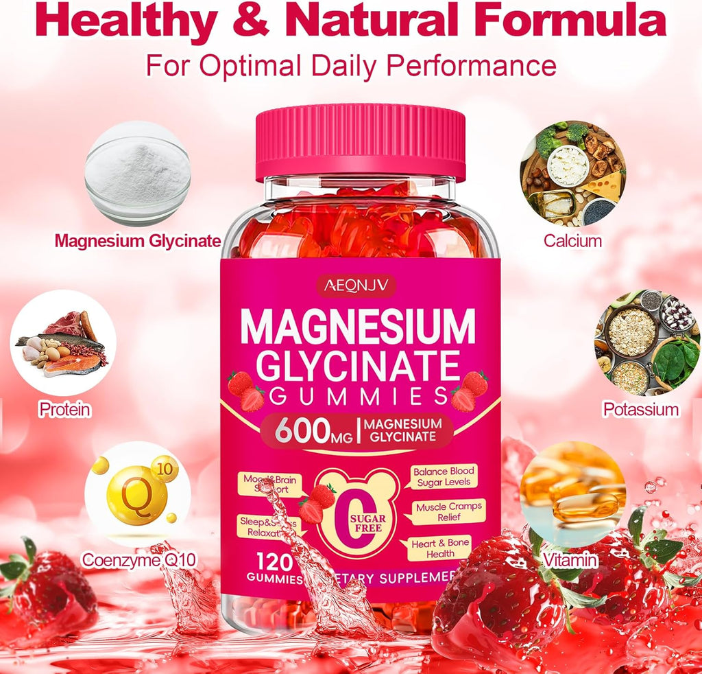 Magnesium Glycinate Gummies 600mg, Chewable Sugar Free Gummies with Magnesium Glycinate, Vitamin D, B6 and CoQ10 for Sleep, Relaxation, Brain and Muscle, 2 Pack