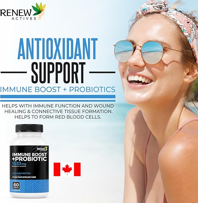 RENEW ACTIVES Antioxidant – Elderberry, Probiotics, Zinc, Vitamin C & Organic Turmeric 700MG per 2 Capsules – For Immune Function, Collagen Formation, & Overall Wellness – Made in Canada - 60 Capsules