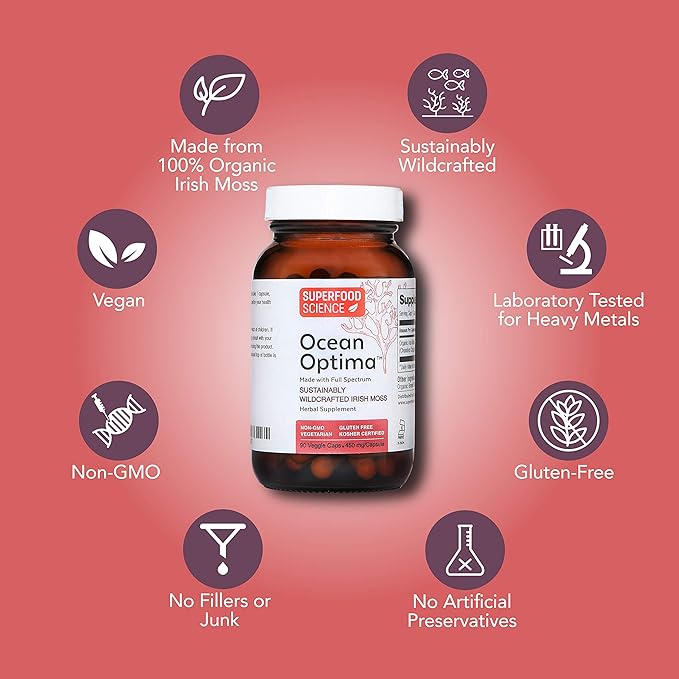 Ocean Optima Organic Sea Moss Capsules (Chondrus crispus) for Skin, Nail, Hair, and Gut, Naturally Occurring Kosher Iodine for Thyroid Support, Single-Ingredient Wild Irish Seamoss, Vegan, 90 Servings