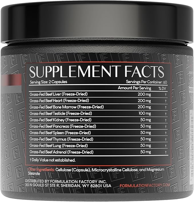 Formulation Factory Primal Power 10-in-1 Grass-Fed Organ Supplement with Beef Liver, Heart, Marrow, Testicle, Kidney, Supports Vitality, Hormones, Energy, Immunity (4 Month Supply, 240 Capsules)