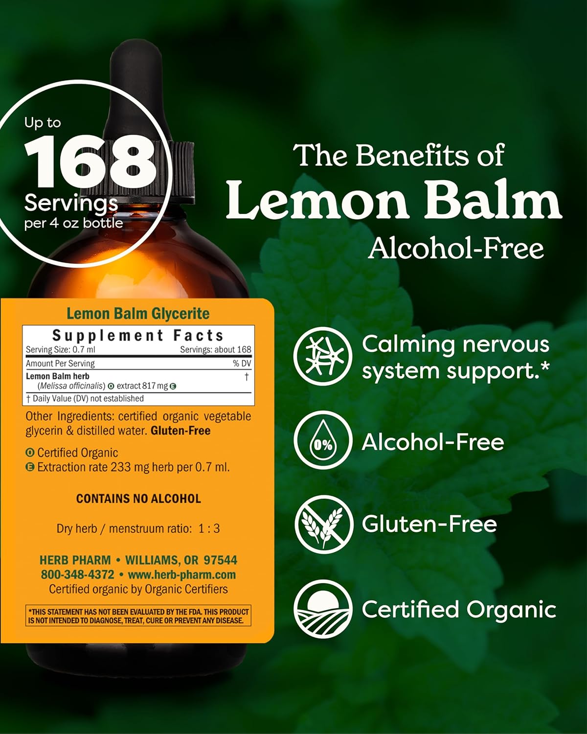 Herb Pharm Certified Organic Lemon Balm Liquid Extract for Calming Nervous System Support, Alcohol-Free Glycerite, 4 Ounce