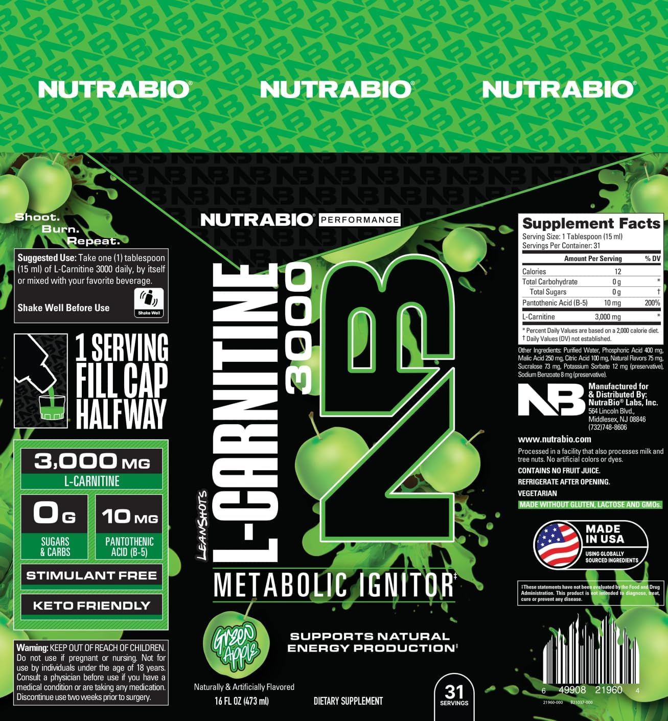 NutraBio – L-Carnitine Liquid Shots – 3000mg, (Green Apple) – 10mg of Vitamin B-5 – Zero Carbs & Sugars – Energy Production – Muscle Recovery