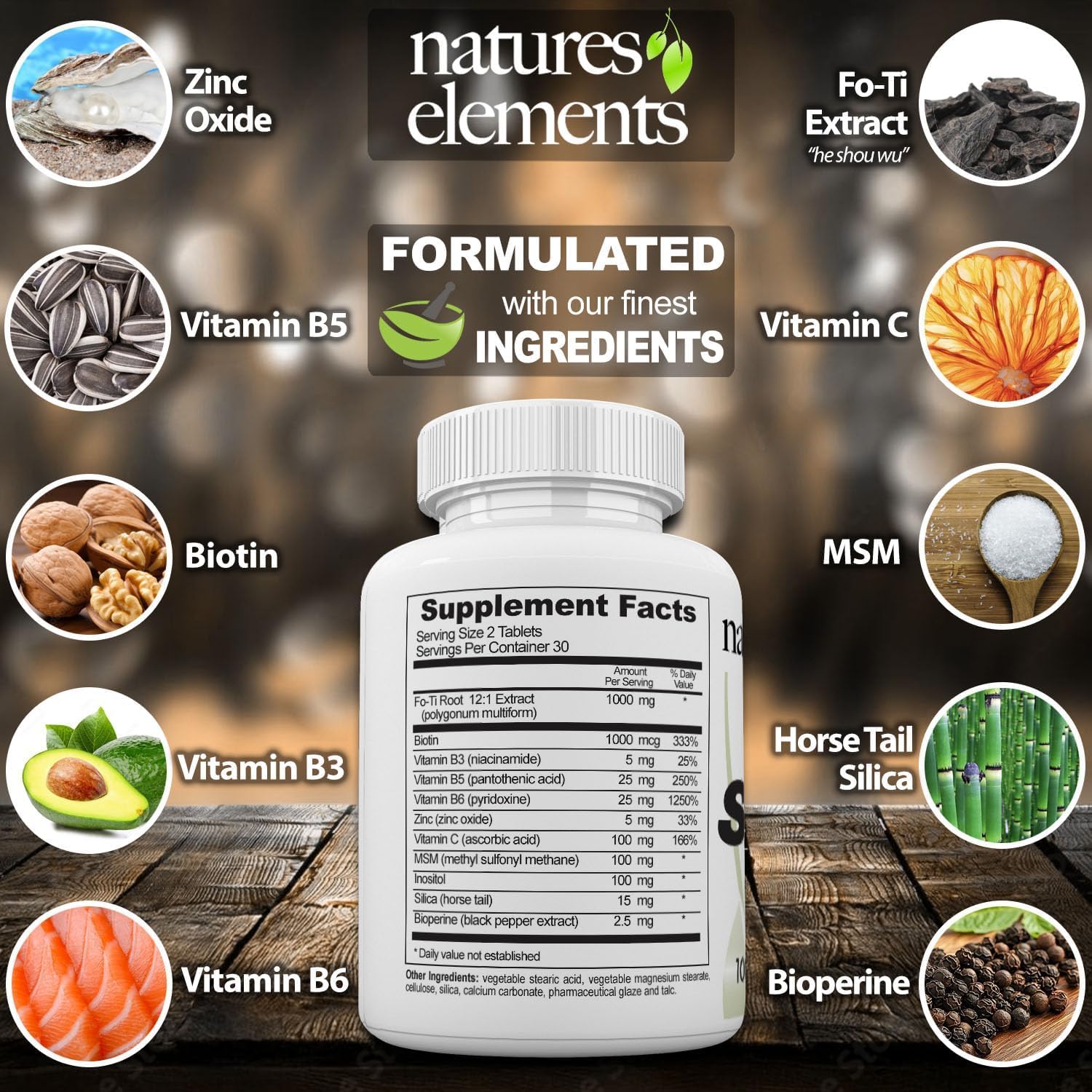 Natures Elements Advanced Shou Wu for Gray Hair – Prepared He Shou Wu for Hair Growth with Biotin, Bioperine, Fo-Ti Root & More – 100% Natural – 60 Tablets – Non-GMO, Gluten-Free