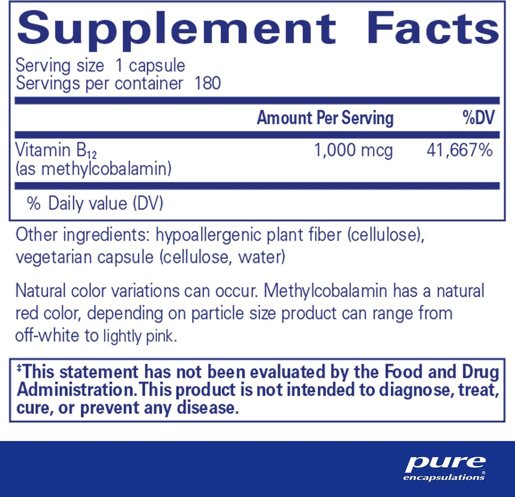 Pure Encapsulations Methylcobalamin 1,000 mcg - Vitamin B12 Supplement to Support Memory & Nerve Health - Premium Vitamin B12 Capsules - 180 Capsules