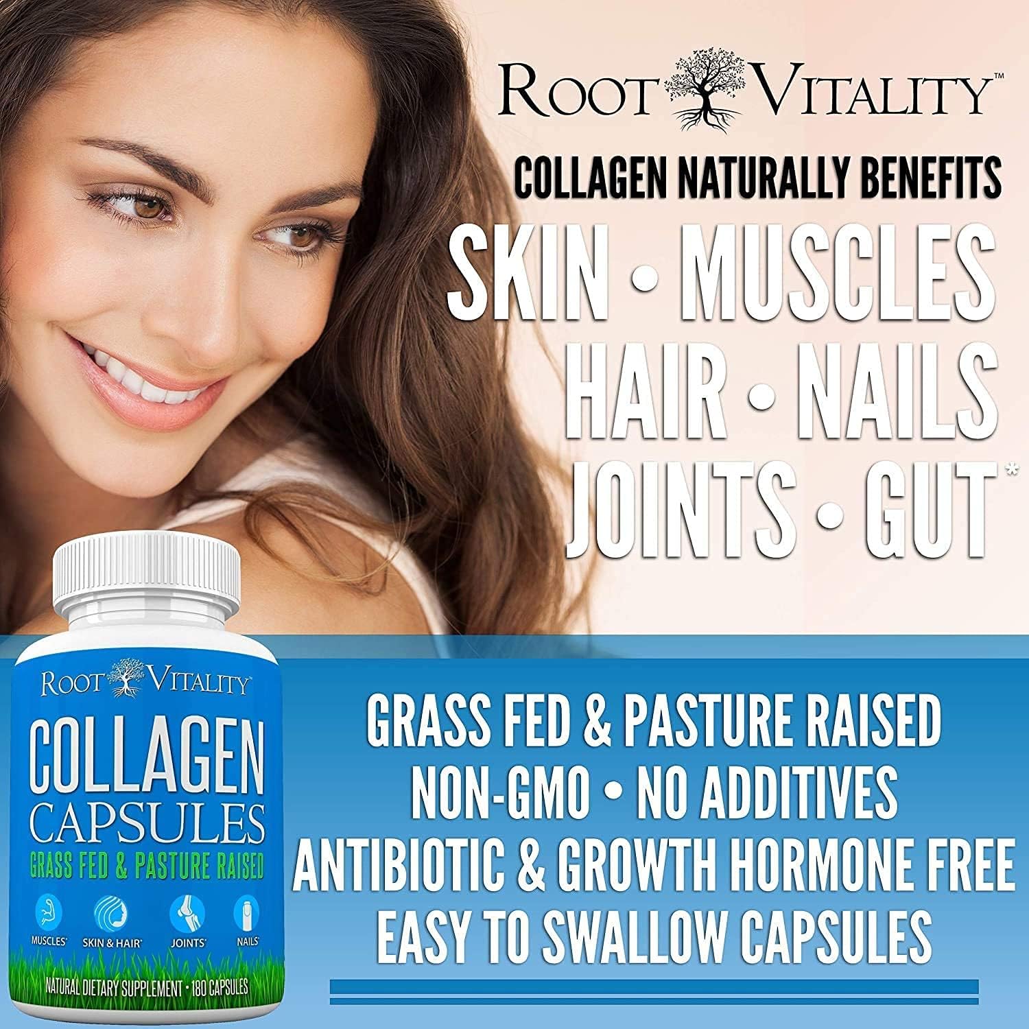 Root Vitality Collagen Peptides Capsules - Grass-Fed, Pasture-Raised Hydrolyzed Protein Supplement for Skin, Hair, & Nails - Non-GMO, Zero Sugar Daily Pills for Men & Women (180 Capsules)