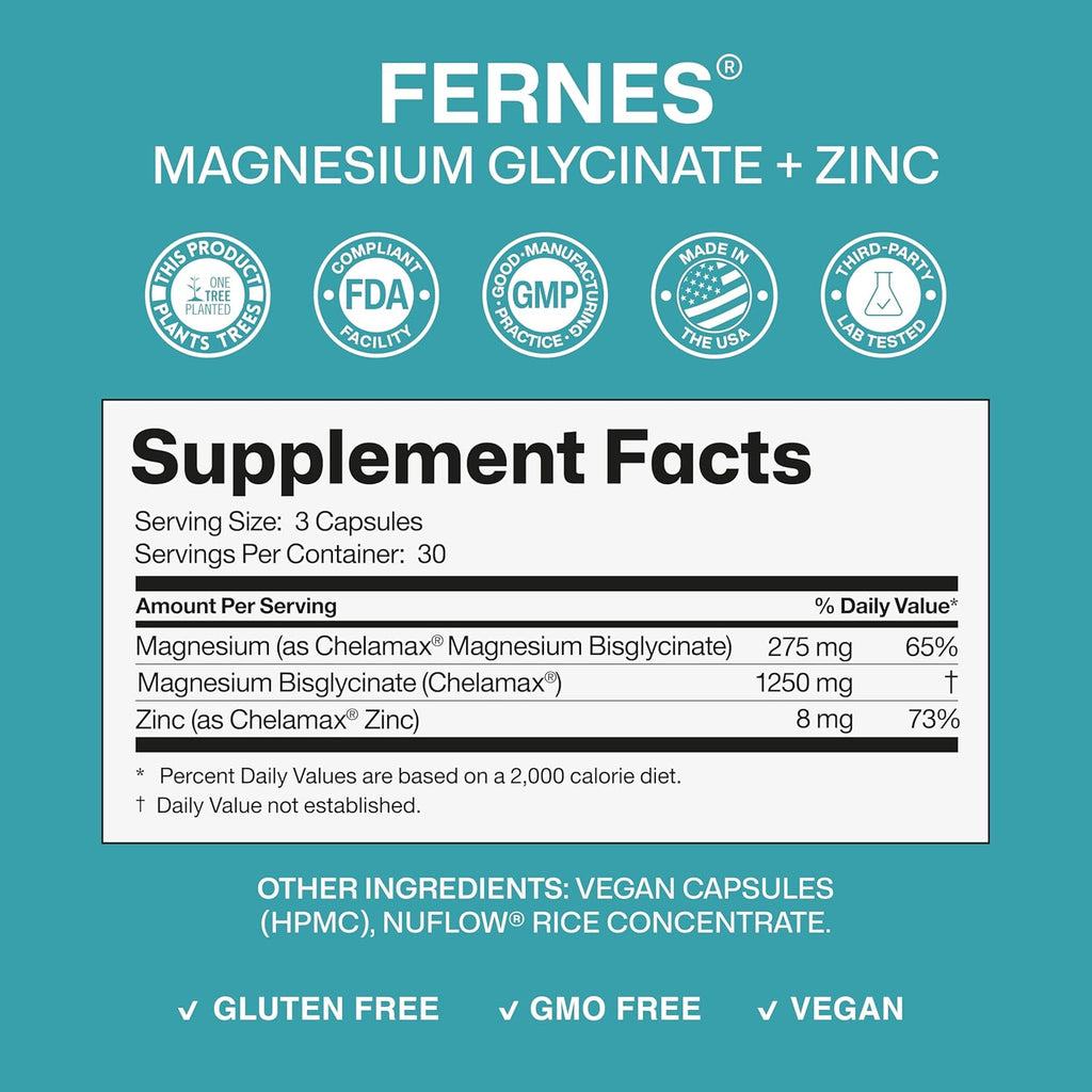 Pure Chelated Magnesium Glycinate 1250 mg Supplement with Zinc - Gentle on Stomach, High Absorption, Gluten-Free, Non-GMO, Muscle Cramp & Sleep Support* for Women & Men - Vegan (90 Caps) - Made in USA