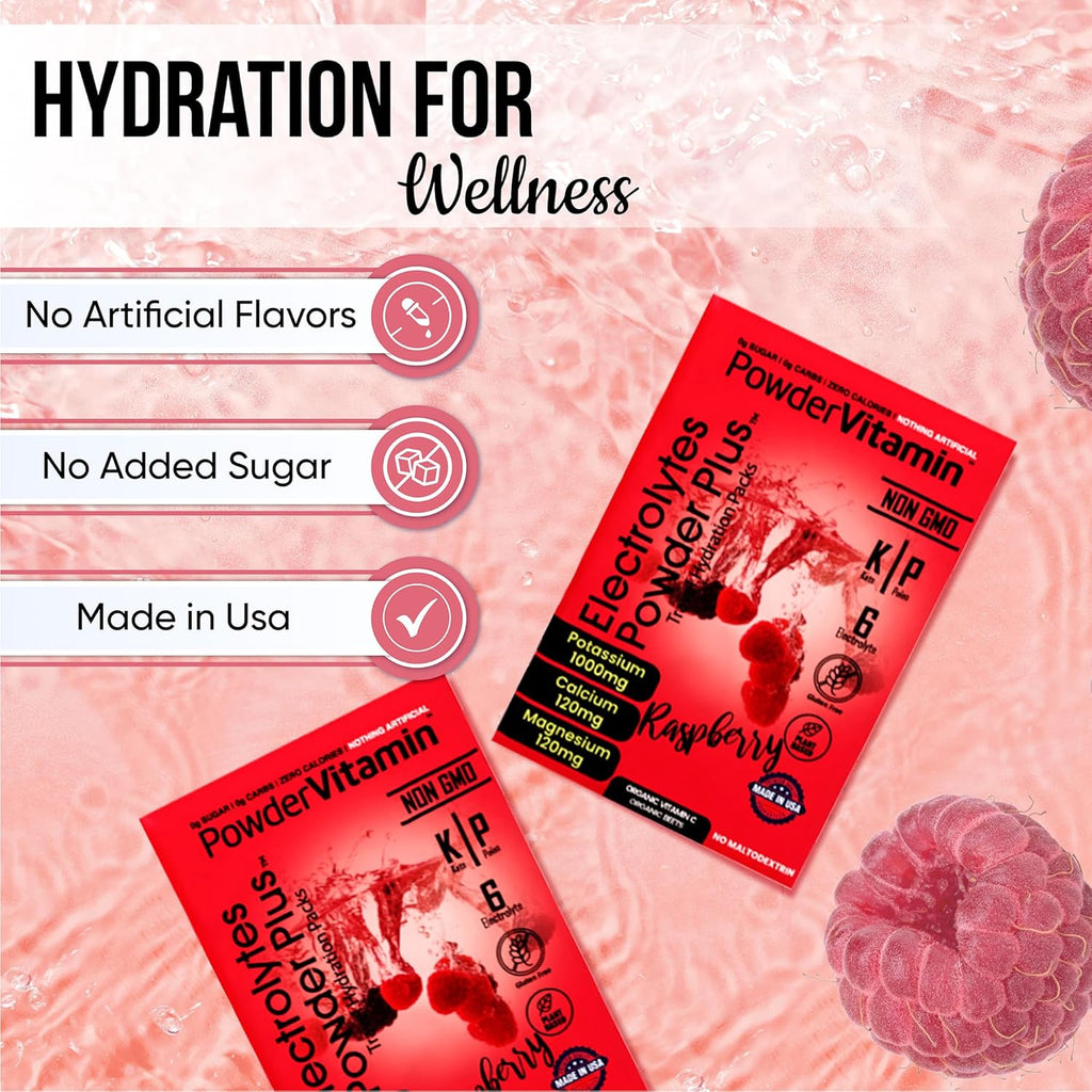 PowerVitamin Electrolytes Powder Packets - Raspberry - Keto Electrolytes for Daily Energy - Hydration Powder with 1000mg Potassium, 120mg Magnesium, Zero Calories - 30 Hydration Packets
