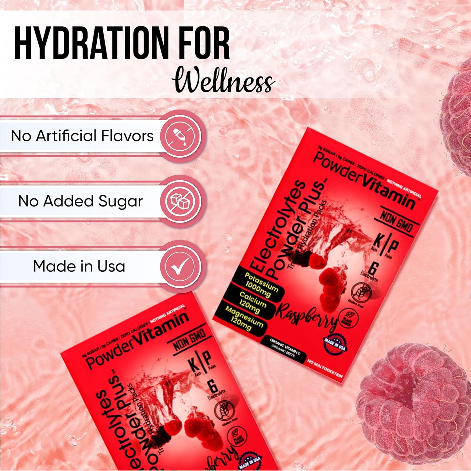 PowerVitamin Electrolytes Powder Packets - Raspberry - Keto Electrolytes for Daily Energy - Hydration Powder with 1000mg Potassium, 120mg Magnesium, Zero Calories - 30 Hydration Packets