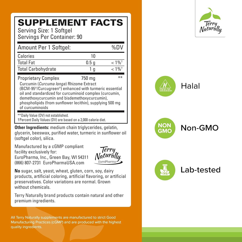 Terry Naturally CuraMed 750 mg - Antioxidant Supplement for Brain & Heart Health Support - Supplement with High-Potency Curcumin Complex - Kidney, Liver & Immune Health Support - 90 Softgels (1 Pack)