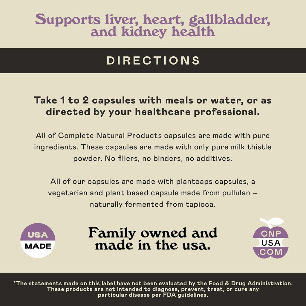 Complete Natural Products Pure Organic Milk Thistle Capsules - 500 mg Silymarin Powder 100 Pills