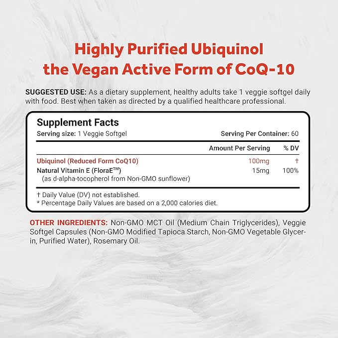 Naturalis Ubiquinol 100mg Active CoQ-10 Emulsified in MCT Oil for Better Absorption | Gluten Free, Non-GMO & Soy-Free | Cardiovascular Wellness, Antioxidant Protection, and Healthy Skin* | 60 Softgels