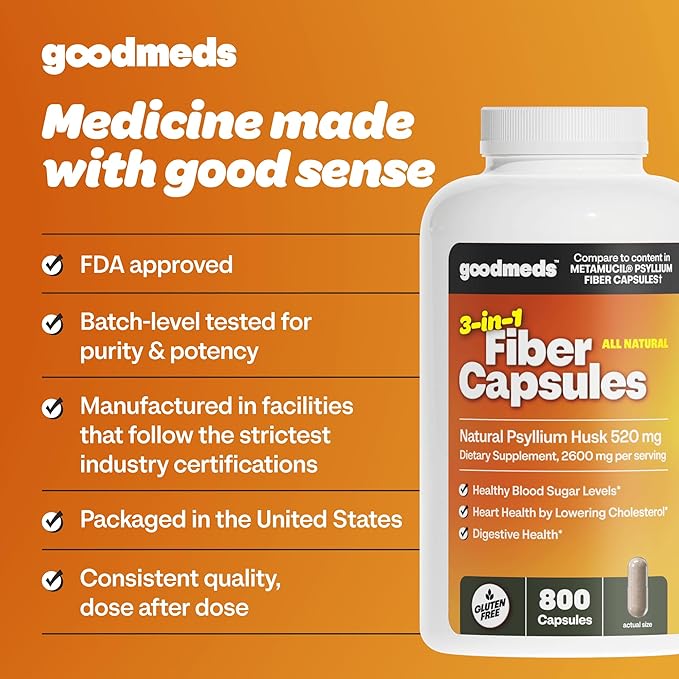 Psyllium Husk Fiber 520mg Capsules Supplement Soluble Dietary Colon Support for Women and Men, Restore Digestive Regularity and Balance (800 Count)
