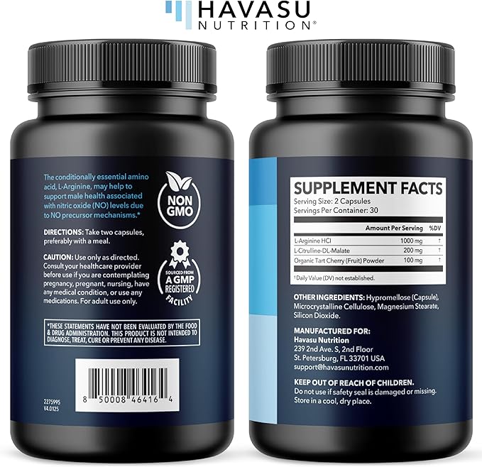 1,000 mg L-Arginine Capsules with L-Citrulline - Nitric Oxide Supplement - L Arginine w/ L Citrulline - 60 Count - Vegan, Non-GMO Capsules for Performance, Endurance, Muscle Support - 1 Month Supply