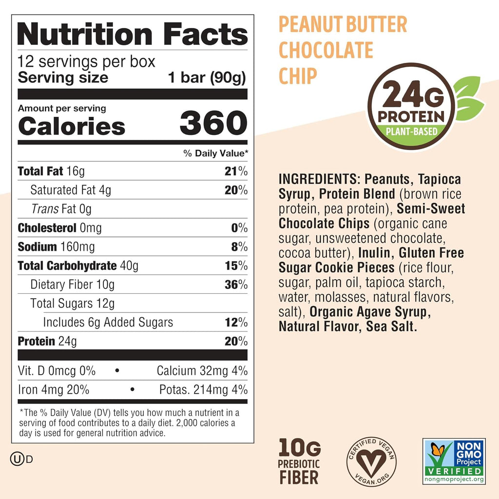 Lenny & Larry's Cookie-fied BIG BAR – Peanut Butter Chocolate Chip Vegan Protein Bars 12x90g – Healthy Snacks, 24g Plant Protein & 10g Prebiotic Fiber – Gluten free Power Bar, Keto Friendly & Vegan