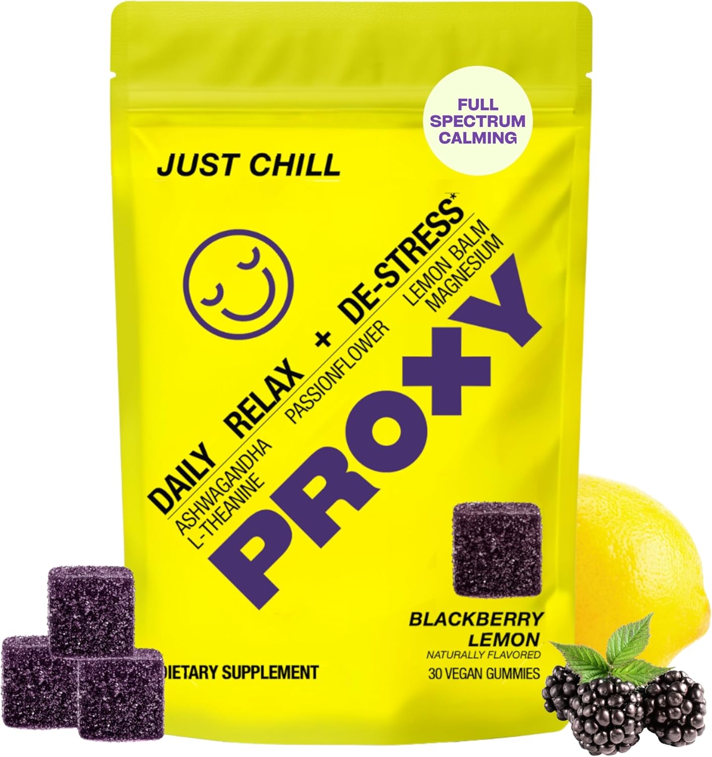 PROXY Just Chill Stress Relief Gummies | Daily Calm with Ashwagandha, Magnesium, L-Theanine, Lemon Balm & Passionflower | Natural Stress Support & Relaxation | Vegan BlackBerry Lemon, 30 Count