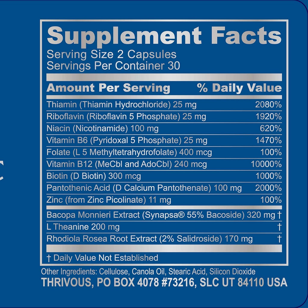 Thrivous Clarity - Enhance Memory, Focus & Mood - Advanced Natural Nootropic Supplement: Synapsa Bacopa, L Theanine, Rhodiola Rosea, Vitamin B Complex, Zinc Picolinate - 60 Capsules