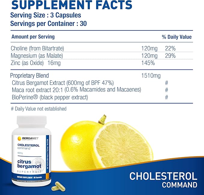 Cholesterol Command, Citrus Bergamot SuperFruit Supplement, 47% Bergamot Polyphenol Fraction (BPF) Patented Formula, Made in The USA, 2 Months, 180 Capsules- 2 Bottles