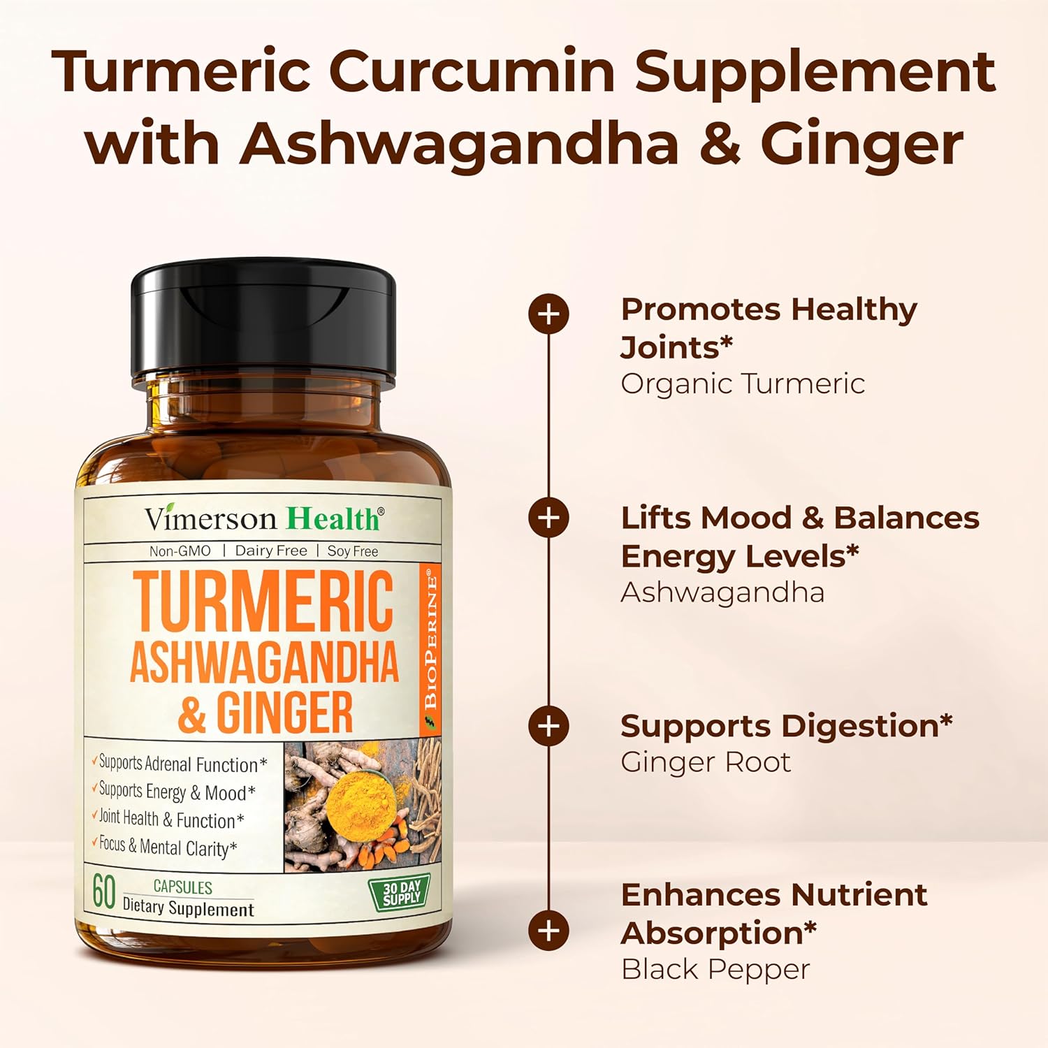 Ashwagandha Turmeric Curcumin Supplement with Ginger - Organic Turmeric Supplement, Curcumin with Black Pepper (95% Curcuminoids), Ginger Root for Joint Health, Energy & Immune Support. 60 Capsules