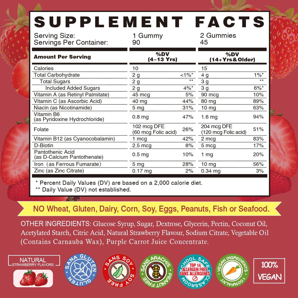 Iron Gummies Supplements for Women & Kids - Multivitamin with Iron Gummy for Blood Oxygen, Great Tasting Gummies with Vitamin C for Max Absorption, Vegan Chewable(180 Count, Strawberry)