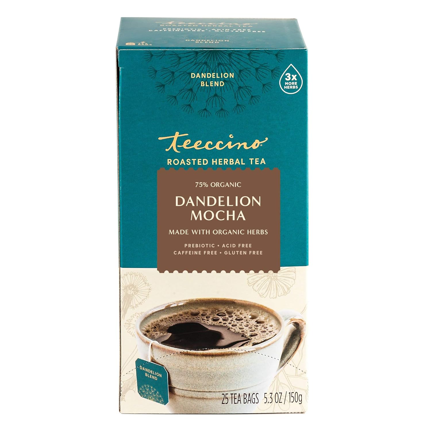 Teeccino Dandelion Mocha Tea - Caffeine-Free, Roasted Herbal Tea with Prebiotics, 3x More Herbs than Regular Tea Bags - Gluten-Free, Acid-Free Coffee Alternative - 25 Tea Bags (Pack of 3)