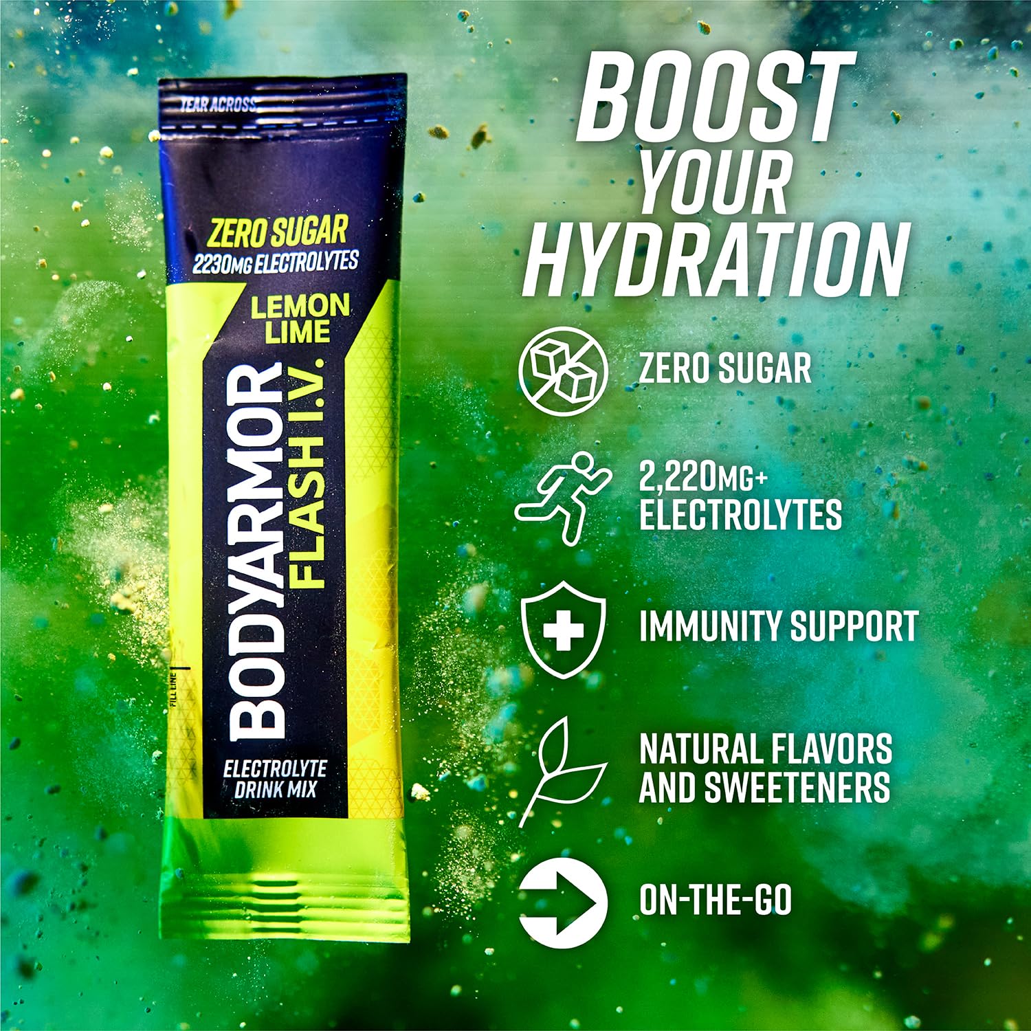 BODYARMOR Flash IV Electrolyte Packets, Lemon Lime - Zero Sugar Drink Mix, Single Serve Packs, Coconut Water Powder (6 Count)