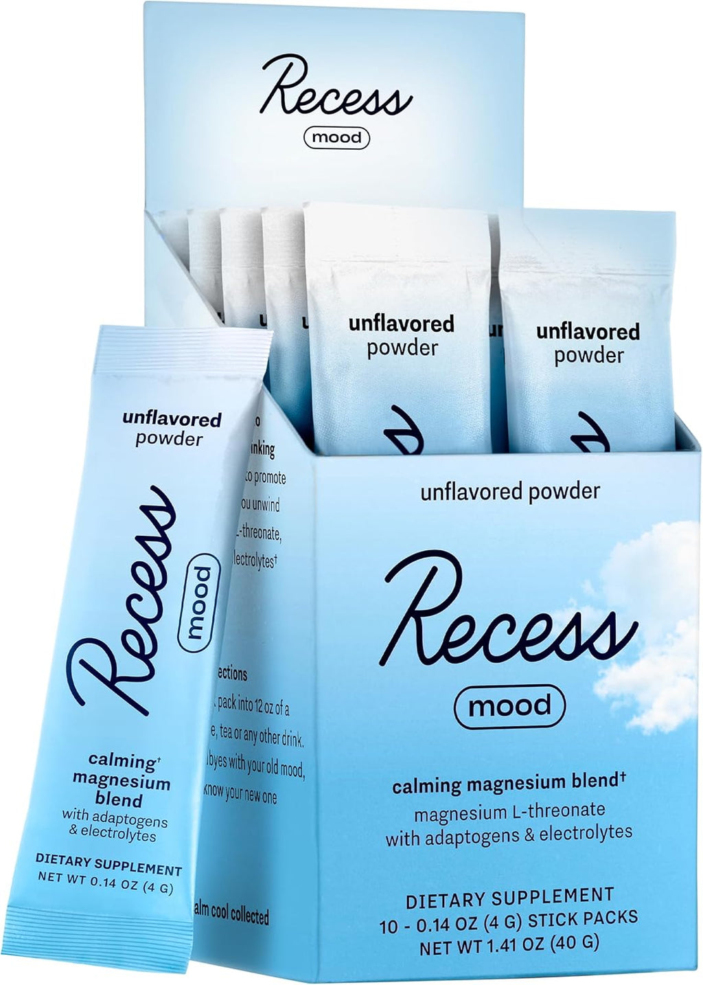 Recess Mood Powder, Calming Magnesium L-Threonate Blend with Passion Flower, L-Theanine, Electrolytes, Magnesium Calm Support Powder Supplement - Unflavored-Pack of 10