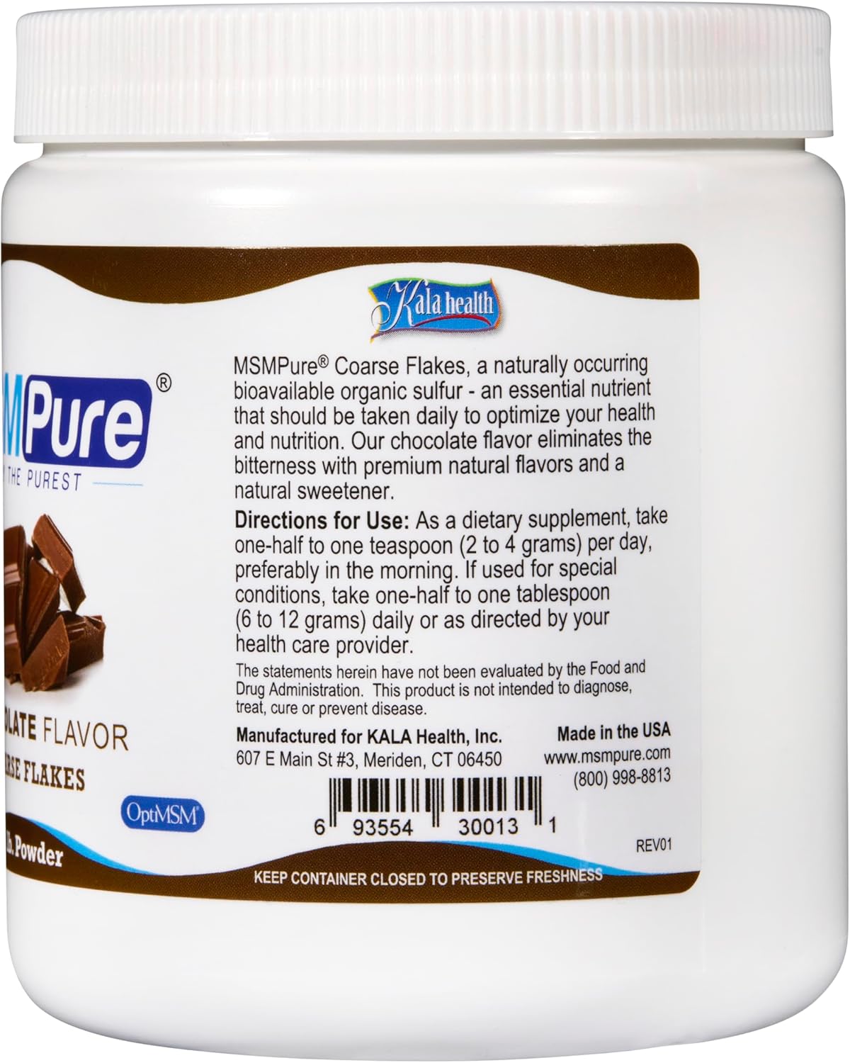 KALA HEALTH MSMPure Chocolate Flavored Coarse MSM Powder Flakes – US-Made MSM for Joint Health, Skin Appearance, and Hair & Nail Support – 1 lb, Organic Sulfur