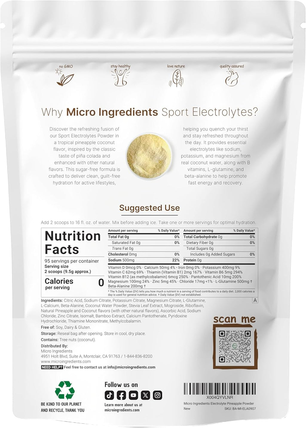 Electrolytes Powder, 2 lbs | 95 Servings | Sugar Free Workout Hydration | Potassium, Sodium, Magnesium, L-Glutamine, Beta-Alanine, & B Complex | Natural Coconut Water | Pineapple Piña Colada Flavor