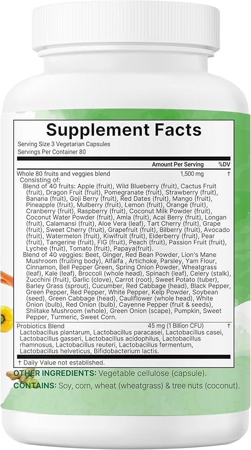 Micro Ingredients Fruit and Veggies Supplement with Probiotics, 240 Vegetarian Capsules | 80+ Super Greens & Fruits Complex | Immune, Gut & Digestive Health Support