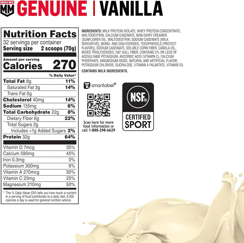 Muscle Milk Genuine Protein Powder, Vanilla Creme, 32g Protein, 4.94 Pound, 32 Servings