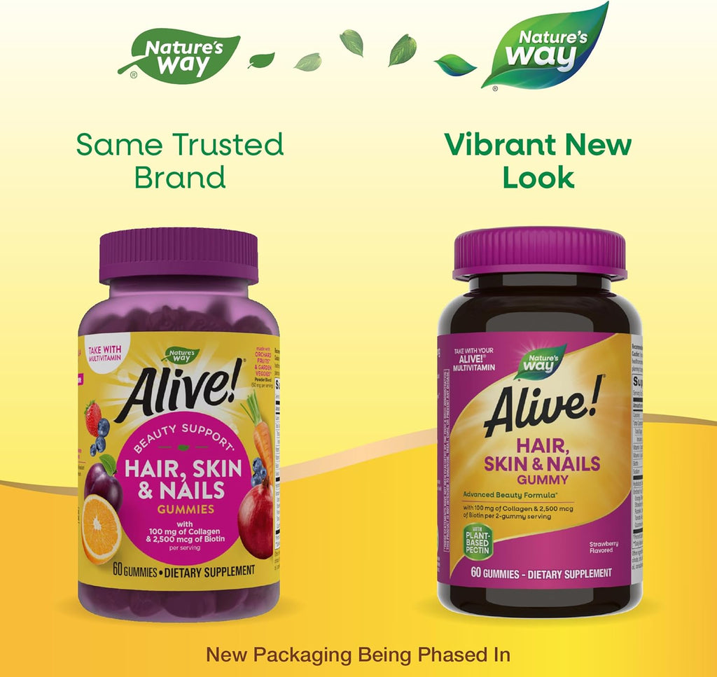 Nature's Way Alive! Hair, Skin & Nails Gummies, Advanced Beauty Formula*, with Biotin and Collagen, Strawberry Flavored, 60 Gummies (Packaging May Vary) (Pack of 2)