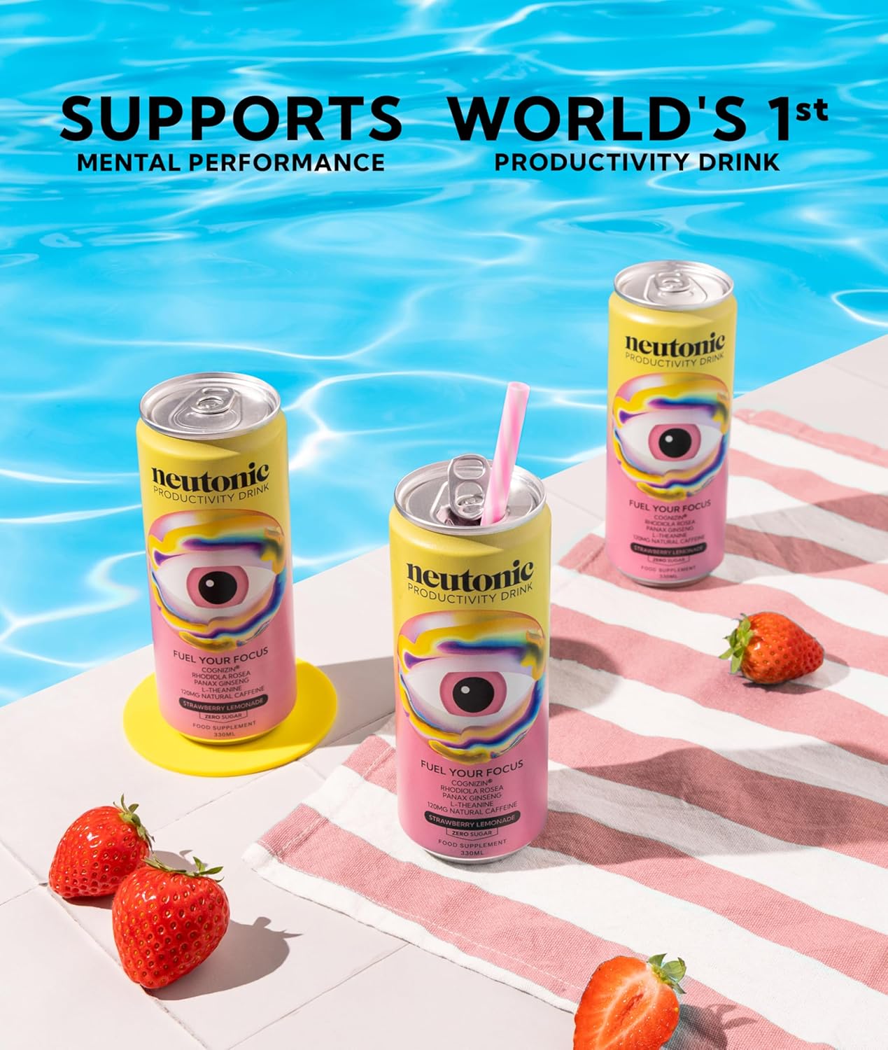 Neutonic Nootropic Productivity Energy Drink | Strawberry Lemonade 12 Cans | 120mg Natural Caffeine, Zero Sugar | Support Memory, Mental Clarity, Cognitive Function | Boost Focus, Energy, Brain Health