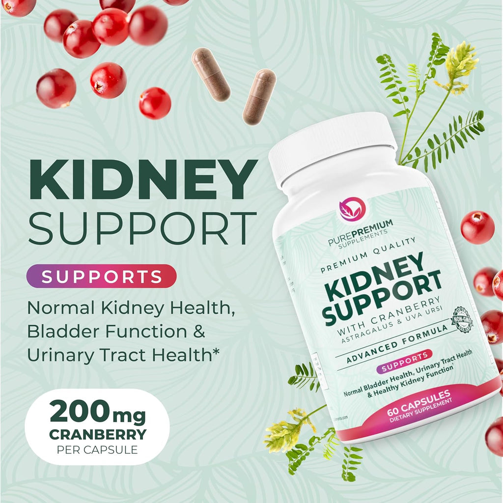 PurePremium Supplements - Kidney Support with Cranberry Extract & Astragalus - Kidney Health Supplement for Urinary Tract, Bladder, Cleanse, Detox & Repair - 60 Cranberry Pills Women and Men