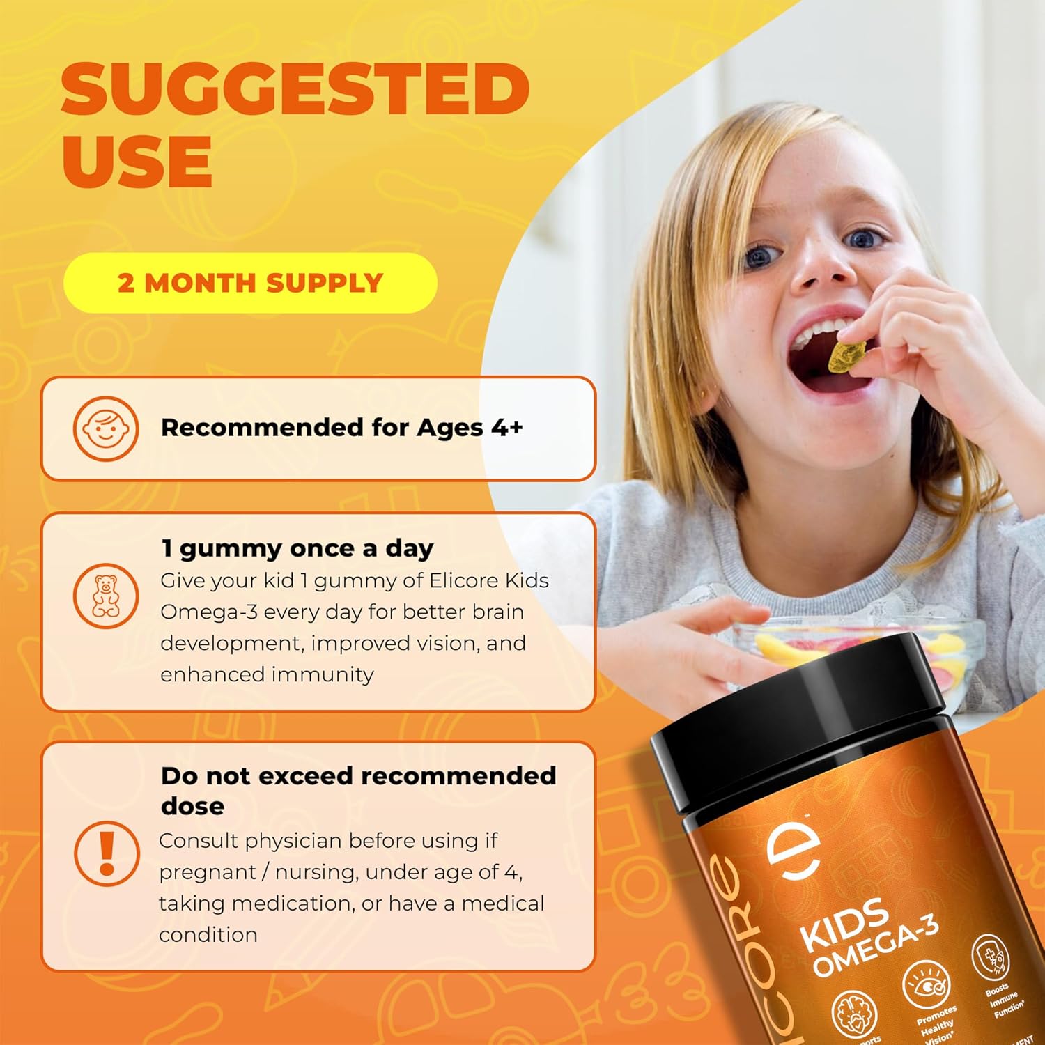 Kids Omega 3 Gummies DHA & EPA Fish Oil Supplement for Brain, Vision & Immune Health - Non-GMO, Gluten-Free Orange Flavor Chewable Omega 3 for Kids Gummy 4+ - 60 Count