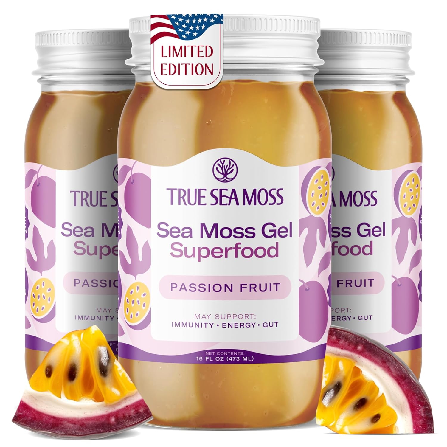 TrueSeaMoss Sea Moss Gel – Made in USA – Wildcrafted Seamoss, Fresh Fruits & Sea Vegetables – Passion Fruit, Pack of 1 (Labels may Vary)