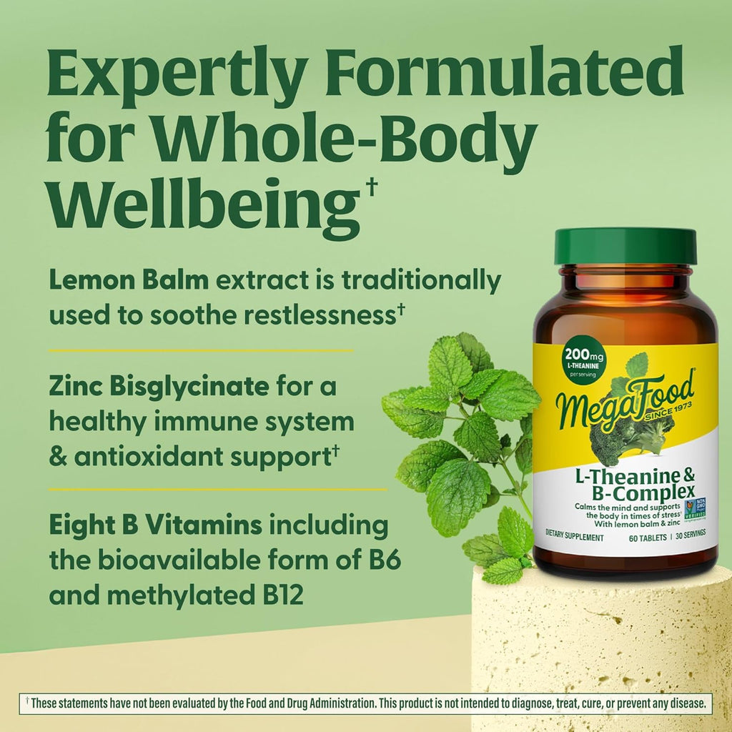 MegaFood L-Theanine & Vitamin B Complex - 200 mg L Theanine Supplement with B Complex Vitamins for Women & Men - Plus Lemon Balm Leaf & Zinc - Vegan, Gluten Free, Non-GMO - 60 Tablets, 30 Servings