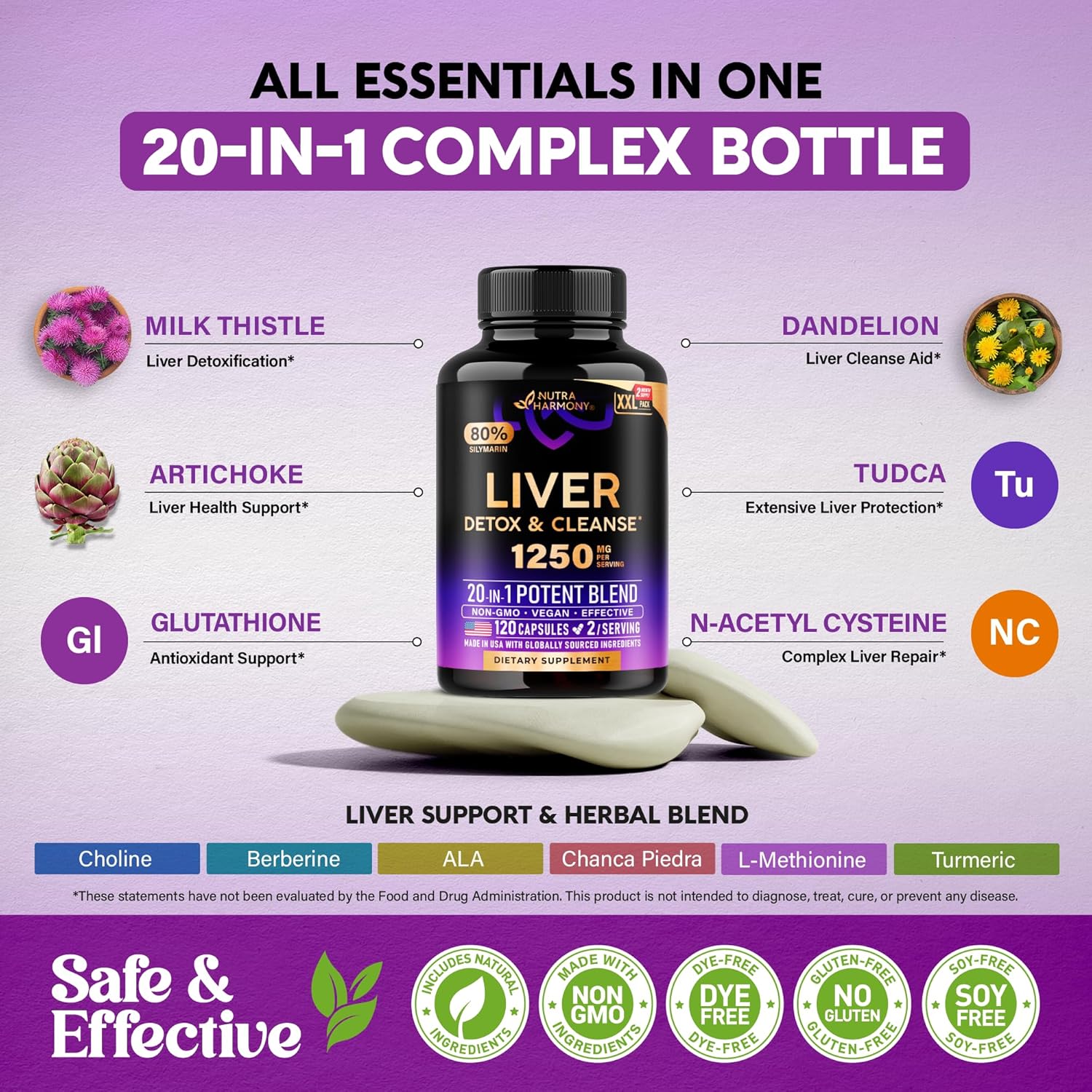 Liver Cleanse Detox & Repair - Milk Thistle | Dandelion | Artichoke | TUDCA | Glutathione & NAC - Effective Liver Health Supplement | 80% Silymarin - Laboratory Tested, Vegan - Made in USA 120 Caps