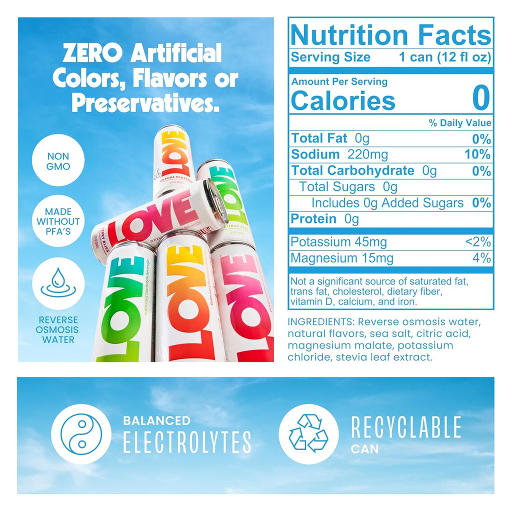 Be LOVE Balanced Electrolyte Beverage 6-Pack - Magnesium, Potassium & Sodium for Daily Hydration - Zero Sugar, Gluten Free - Berry Bliss, Citrus Zest, Orange Blossom (12oz / 6ct)