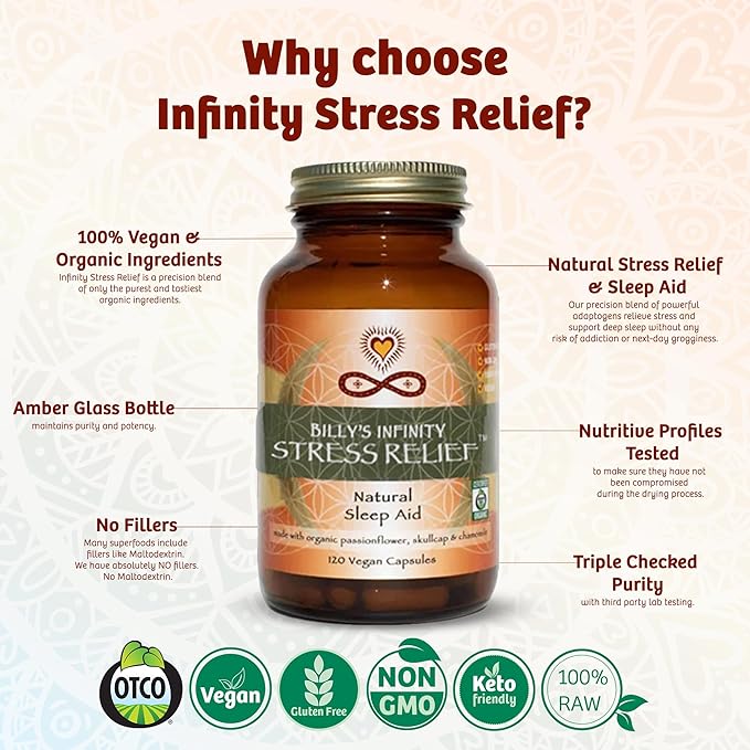 Infinity Stress Relief, Adaptogen Mood Support Supplement with Passion Flower, Skullcap, and Chamomile, Organic, Vegan, Non GMO, 40 Day Supply (120 Capsules)