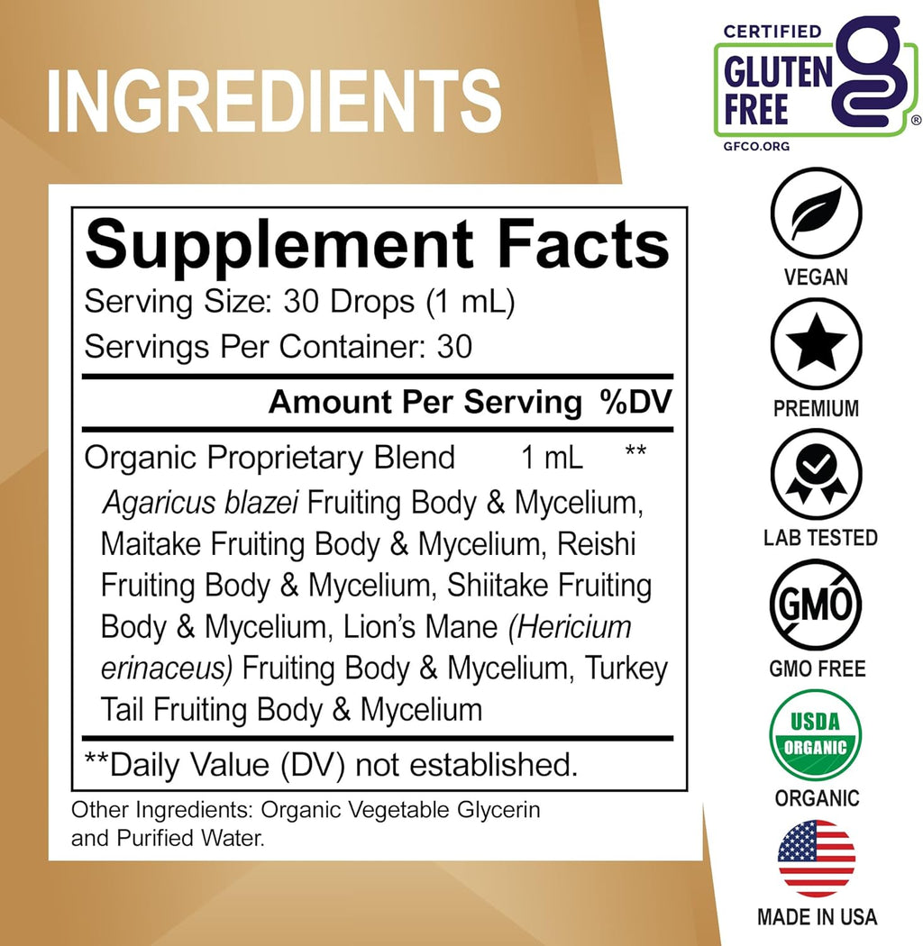 Organic Lions Mane Mushroom Complex - Mushroom Supplement Liquid Drops Tincture for Focus, Fog, Brain Health Supplements - Vegan, Herbal Organic Lion's Mane Mushrooms, Reishi, Turkey Tail Extract 1oz