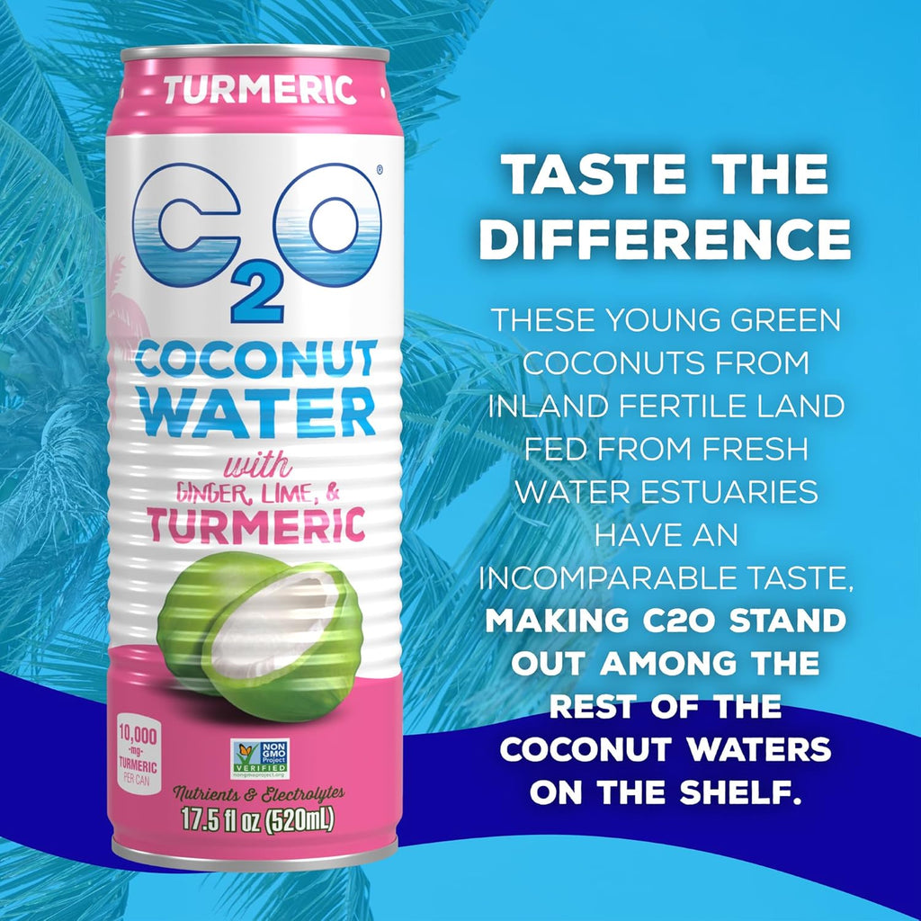 C2O - Coconut Water with Ginger, Lime, & Turmeric (12 Pack) - Made with Fresh Coconut Water - Plant Based - Non GMO - Canned Water - Natural Hydration, Electrolytes, & Potassium - 12 Cans, 17.5 FL OZ
