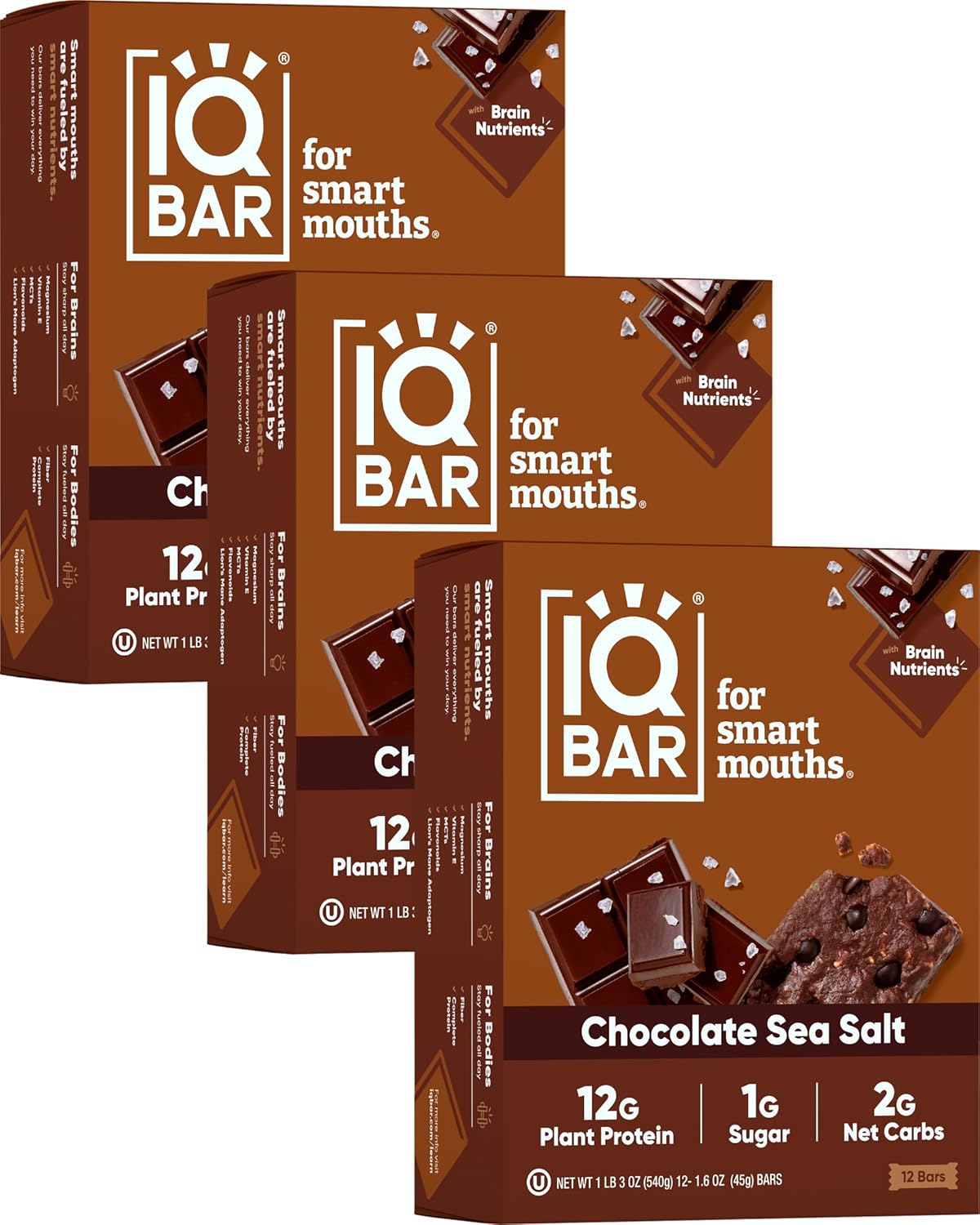 IQBAR Brain and Body Plant Protein Bars - Chocolate Sea Salt - 36-Count - Keto, Vegan, Low Carb, High Fiber, Gluten Free, Dairy Free, Low Sugar Snack with Nutrients for Focus, Energy, Meal Replacement
