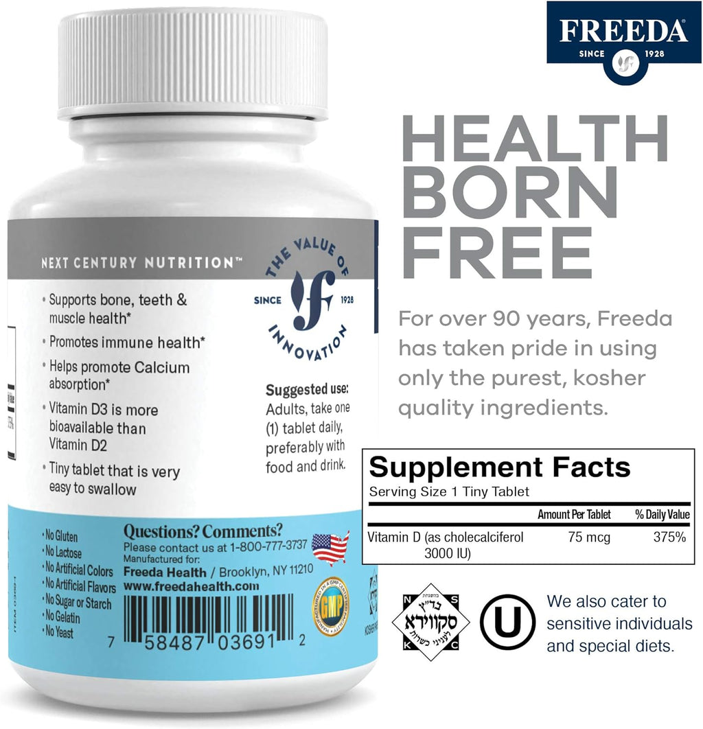 FREEDA Vitamin D3 3000 IU – High-Potency Vitamin D for Bone Strength & Immune Support – Easy-to-Swallow Tablets – 250 Tiny Tablets