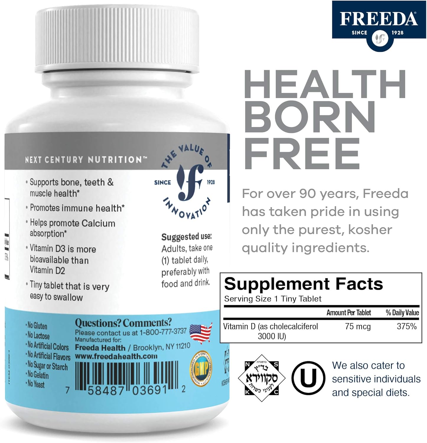 FREEDA Vitamin D3 3000 IU – High-Potency Vitamin D for Bone Strength & Immune Support – Easy-to-Swallow Tablets – 250 Tiny Tablets